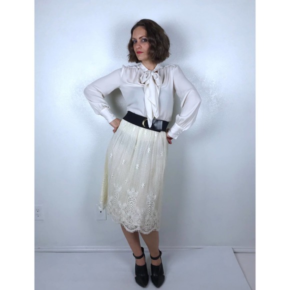 vintage 70s CREAM eyelash lace VICTORIAN SKIRT xs/s high waist cottage core boho - Picture 4 of 10